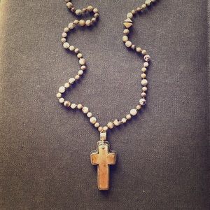 Wood & silver Cross long gemstone necklace